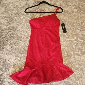 Bebe Red Sparkly One-Shoulder Dress with Glitter